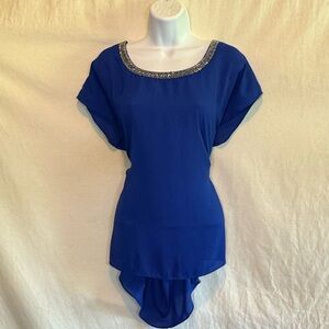 F-185 ‎ Cato Blue Beaded Short Sleeve Hi Lo Pullover Blouse Size L